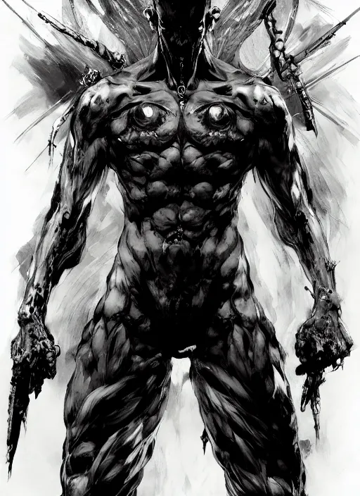 Image similar to A full body portrait of a spirit with many eyes. In style of Yoji Shinkawa and Hyung-tae Kim, trending on ArtStation, dark fantasy, great composition, concept art, highly detailed.