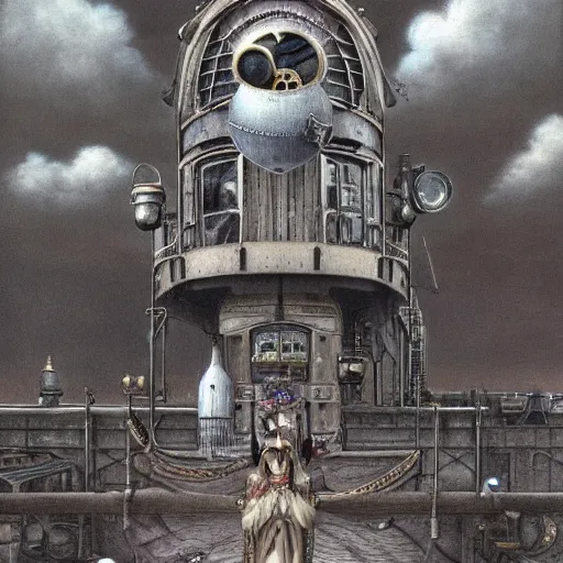 Prompt: a hyperrealistic painting of a beautiful female steampunk goddess, standing at an airship docking station, by john kenn mortensen, highly detailed,