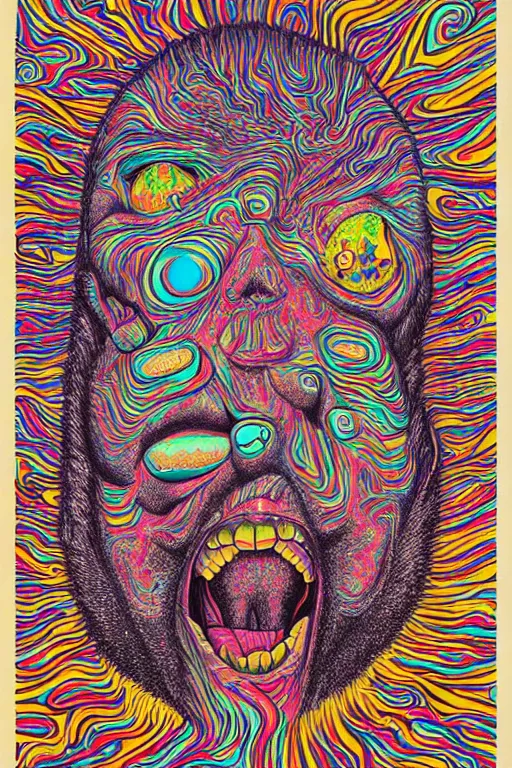 Image similar to a tab of LSD acid on a tongue with psychedelic hallucinations, screenprint by kawase hasuialex grey and dan hillier, colorful flat design, hd, 8k