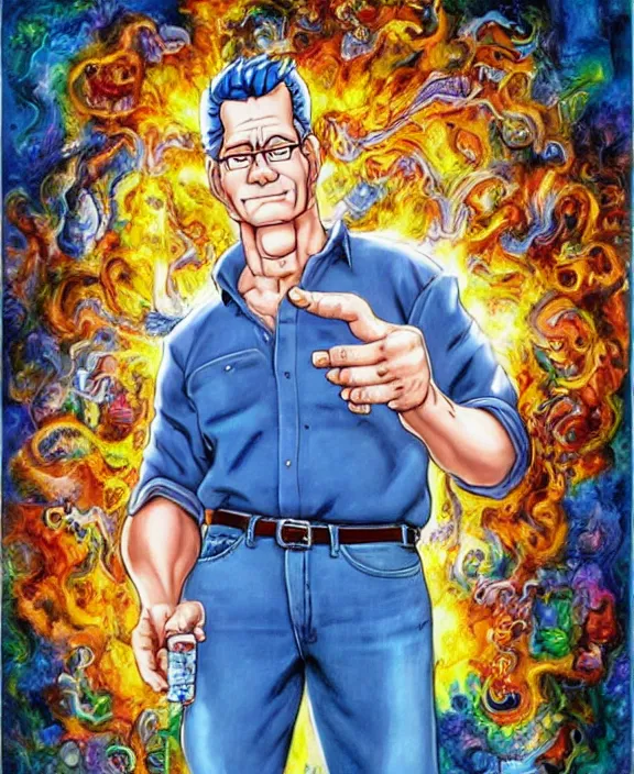 Prompt: normal hank hill wearing bluejeans and white tshirt, the god of propane, blue flames, propane tanks, magic realism, art by josephine wall, art by mike judge, art by huang guangjian, art by viktoria gavrilenko, art by amanda sage, trending on artstation