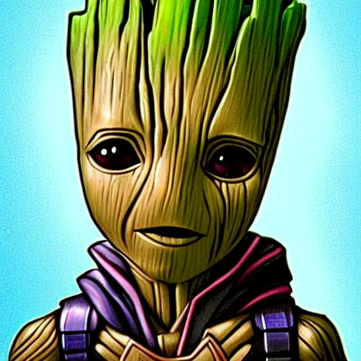 Prompt: a baby groot portrait in the style of drew struzan