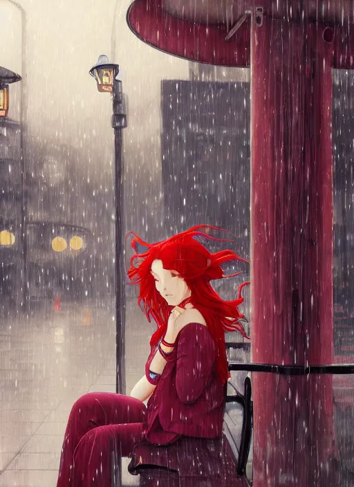 Image similar to pretty young woman with long red hair sitting at a bus stop in the rain, path traced, highly detailed, high quality, digital painting, by studio ghibli and alphonse mucha, leesha hannigan, makoto shinkai, disney