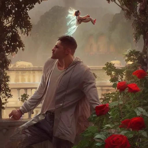 Image similar to man suspended over water, roses everywhere, highly detailed, digital painting, artstation, concept art, smooth, sharp focus, illustration, art by artgerm and greg rutkowski and alphonse mucha