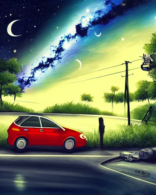 Image similar to there is a broken public car under the milky way, night scene, photography, fine details. night setting. trending on art station