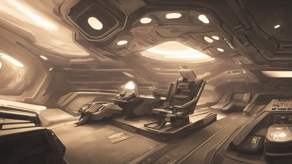Prompt: a beautiful digital artwork of the interior of a futuristic spaceship, a frog sitting on the captains chair at the controls, sand on the floor, trending on artstation, realistic