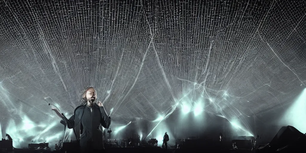 Image similar to Thom Yorke singer songwriter, Radiohead group of people on stage playing instruments, elaborate stage effects, dust, smoke, giant LED screens, colored projections, ultrafine detail, glowing thin wires, smoke, high contrast, projections, a screenshot by David Gilmour Blythe, holography, tesseract, volumetric lighting, anamorphic lens flare