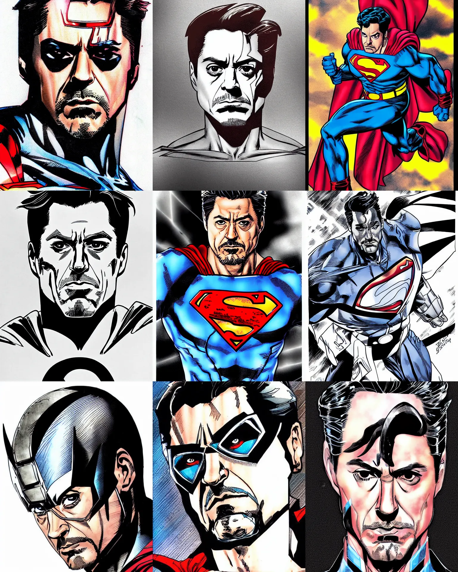 Prompt: robert downey jr!!! jim lee!!! flat ink sketch by jim lee face close up headshot superman costume in the style of jim lee, x - men superhero comic book character by jim lee