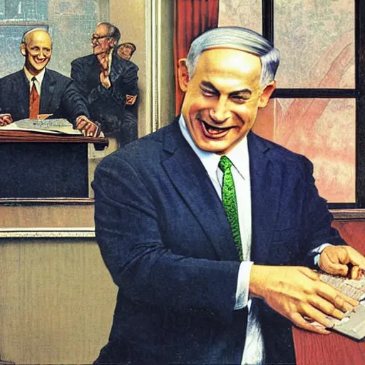 Image similar to benjamin netanyahu laughing and pointing at computer monitor, in office, by norman rockwell