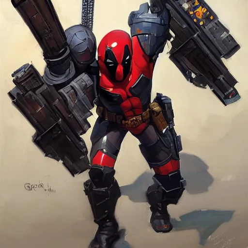 Image similar to greg manchess portrait painting of armored deadpool as overwatch character, medium shot, asymmetrical, profile picture, organic painting, sunny day, matte painting, bold shapes, hard edges, street art, trending on artstation, by huang guangjian and gil elvgren and sachin teng