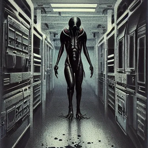 Image similar to black glossy xenomorph, alien movie, endless abandoned office cubicles, pale yellow wallpaper, moist brown carpet, dim fluorescent lighting, artstation, ultra detailed, creepy, dramatic lighting, photorealistic, art by h. r. giger and chris foss and beksinski