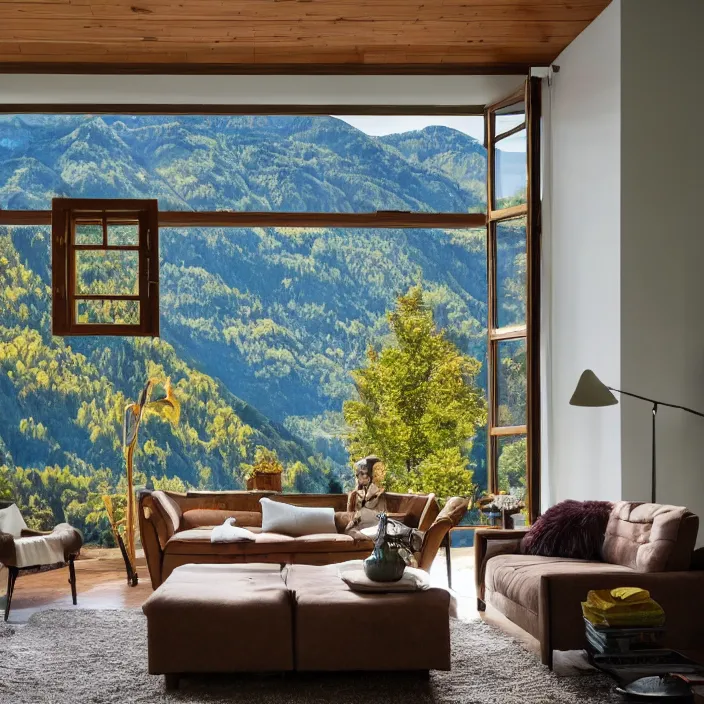 Prompt: fantastical living room with switzerland landscape in the window