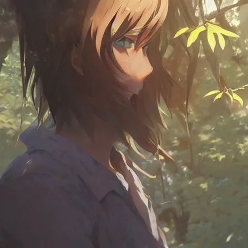 Prompt: closeup of an anime character in the woods, hyperrealistic, trending on pixiv fanbox, painted by greg rutkowski makoto shinkai takashi takeuchi studio ghibli, akihiko yoshida