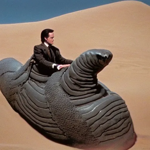 Prompt: A still of Agent Cooper from Twin Peaks riding a giant sandworm in Dune (1984)