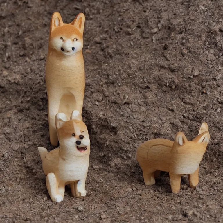 Image similar to shiba inu wooden figurine found in a prehistoric cave