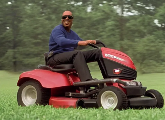 Prompt: film still of Stevie Wonder riding a lawn mower in the new Field of Dreams movie, 4k