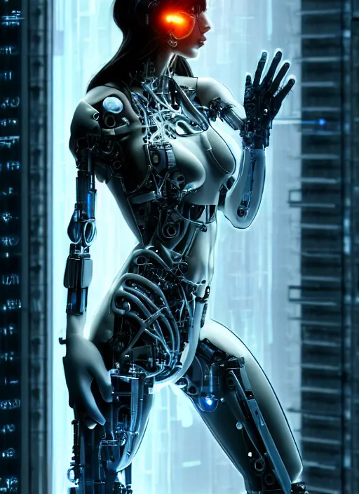 Prompt: Ultra realistic cyborg extreme beautiful woman in a futuristic glass cylinder with electrical cables that power and repair the cyborg., cyberpunk,sci-fi, fantasy,Kodak , soft light, volumetric lighting, ,night, fog ,smoke, intricate, elegant, highly detailed, digital painting, artstation, concept art, smooth, sharp focus, illustration,art by artgerm and greg rutkowski and alphonse mucha