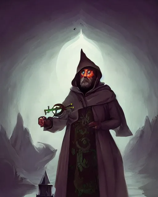 Image similar to male fantasy gnome spy, wearing a hooded cloak, playing a magical mandolin, shadowy figure by peter mohrbacher, artstation