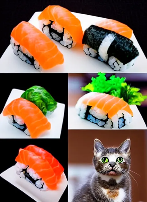 Image similar to clear photorealistic picture of adorable cats made out of sushi