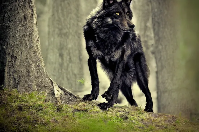 Image similar to ! human wolf crow werecreature, photograph captured at woodland creek