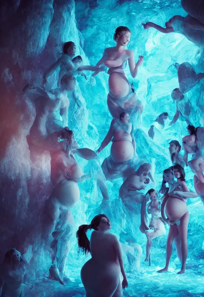 Prompt: epic pregnant woman talking to all her tribe with fluorescence bodies, proud people gather around the pregnant woman, ice cave, facinating, fantasy digital art, octane render, beautiful composition, trending on artstation, award - winning, masterpiece