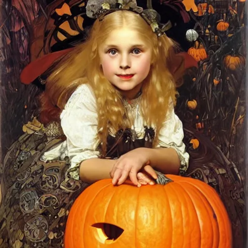 Image similar to a happy little girl with long straight golden blonde hair sitting amidst halloween decor, skulls and pumpkins. beautiful highly detailed face, beautiful painting by alphonse mucha and norman rockwell