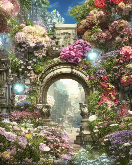 Image similar to photo of a portal to paradise, 8 k high definition, flowers, machines, insanely detailed, intricate, art by akihiko yoshida, antilous chao, woo kim