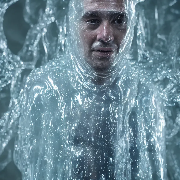 Prompt: octane render portrait by wayne barlow and carlo crivelli and glenn fabry, a man wearing a clear plastic suit filled with glowing colorful slime, inside a wet rocky cavern, cinema 4 d, ray traced lighting, very short depth of field, bokeh