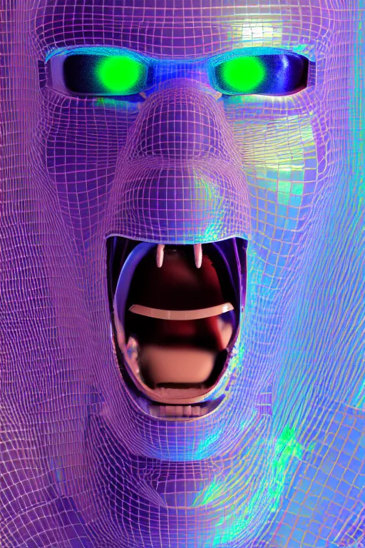 Image similar to 3d render of holographic angry human robotic screaming angry bust made of glossy iridescent, screaming, bust, surrealistic 3d illustration of a human non-binary, non binary model, 3d model human, cryengine, made of holographic texture, holographic material, holographic rainbow, concept of cyborg and artificial intelligence