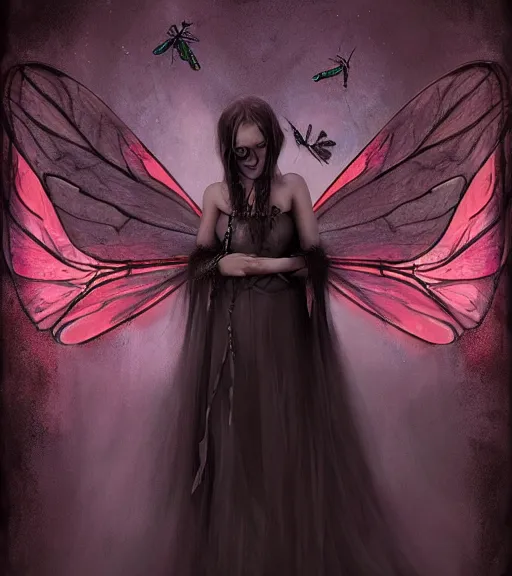 Image similar to gothic fairy with dragonfly wings, digital painting, liminal eerie midnight backlit, a picture taken by Michael Komarck and Karl Simon Gustafsson