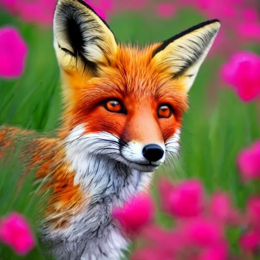 Image similar to a portrait of a fox in a field of beautiful flowers