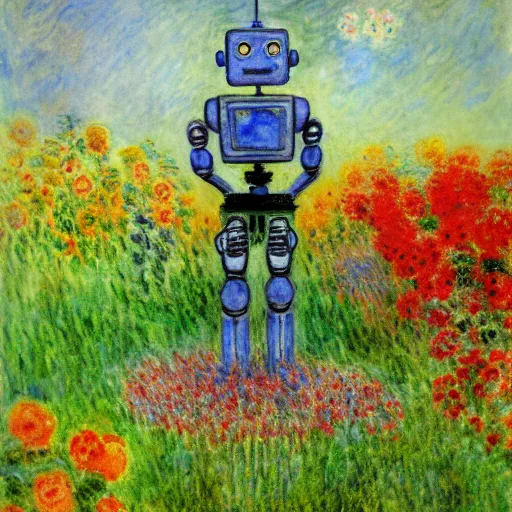 Prompt: a robot standing on flower garden, watercolor art, 1 8 8 0 s, calude monet style, colorfule, hd, uhd