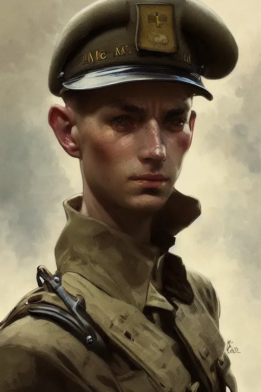 Image similar to A full portrait of a world war two soldier, intricate, elegant, highly detailed, digital painting, artstation, concept art, smooth, sharp focus, illustration, art by Krenz Cushart and Artem Demura and alphonse mucha