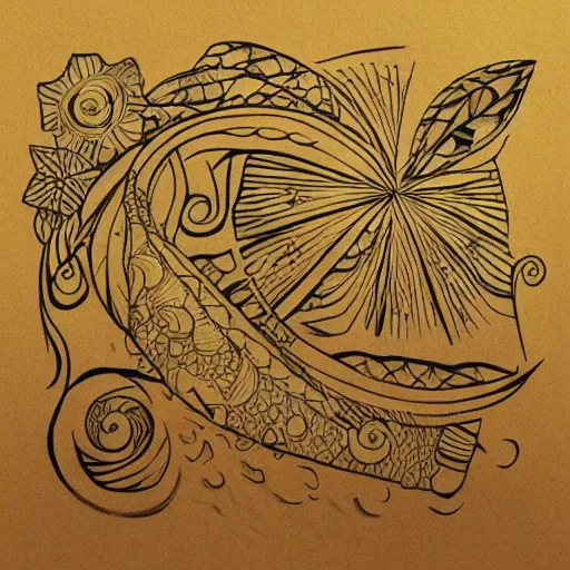 Image similar to tattoo sketch of a sea, on a yellow paper, ornamental, line art, minimalism, maori