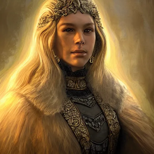 Image similar to the elder scrolls vi, majestic, gracious regal blonde female nord jarl portrait, palatial garden mysterious, mysterious atmospheric lighting, painted, intricate, volumetric lighting, beautiful, rich deep colours masterpiece, golden hour, golden ratio, sharp focus, ultra detailed, by mark kent, jordan lamarre - wan, igor kieryluk, maxim verehin, miranda meeks