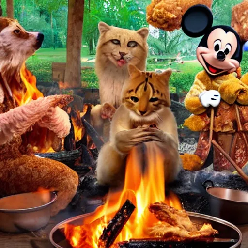 Prompt: animals sit around the fire and fried chicken in disney styles