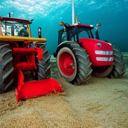 Prompt: an tractor underwater towing a plough through the seabed