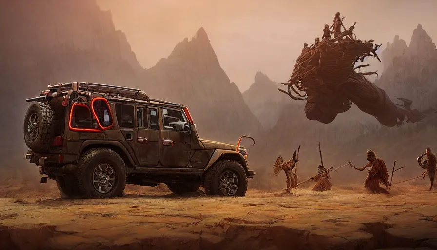 Prompt: Mahindra thar, tribe members attacking, action scene, an epic fantasy, dramatic lighting, cinematic, establishing shot, extremely high detail, photorealistic, cinematic lighting, tending on artstation, solarpunk, matte painting, octane render, by simon stalenhag, horizon forbidden west