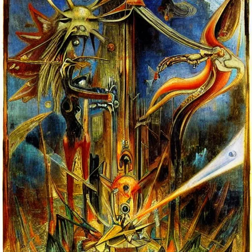 Prompt: by gustave moreau, by wifredo lam unnerving, comforting. a beautiful illustration of a space battle with wild, bright colors.