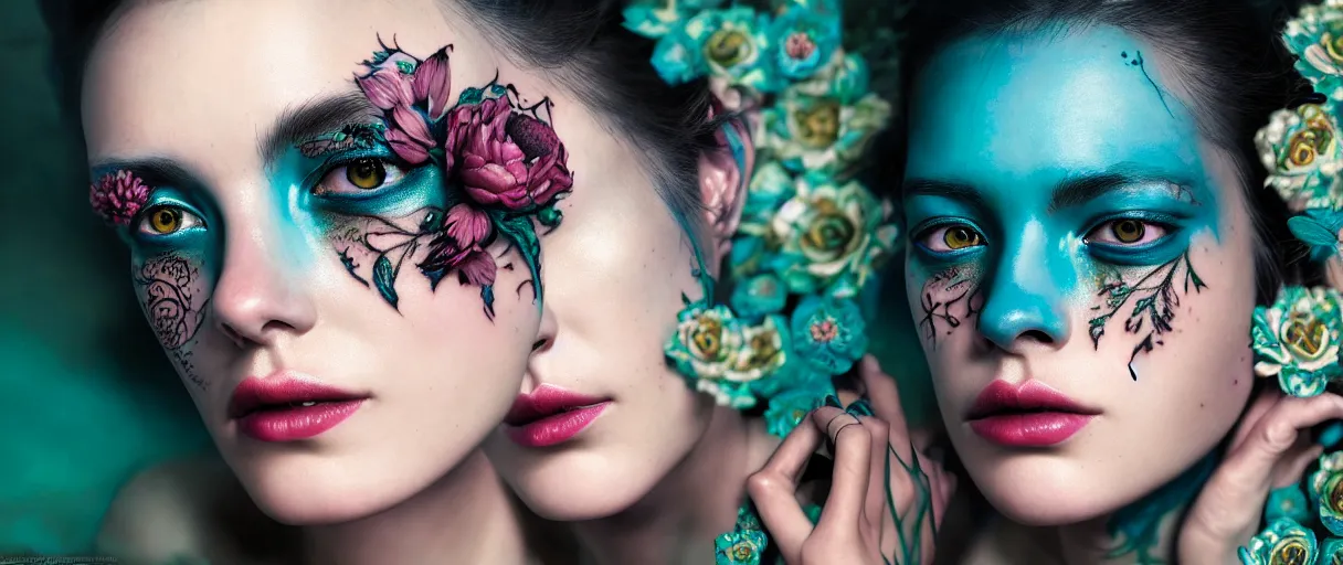 Image similar to hyperrealistic hyper detailed neo-surreal close-up side portrait of gorgeous woman covered in rococo flower tattoos matte painting concept art hannah yata very dramatic dark teal lighting low angle hd 8k sharp 35mm shallow depth of field