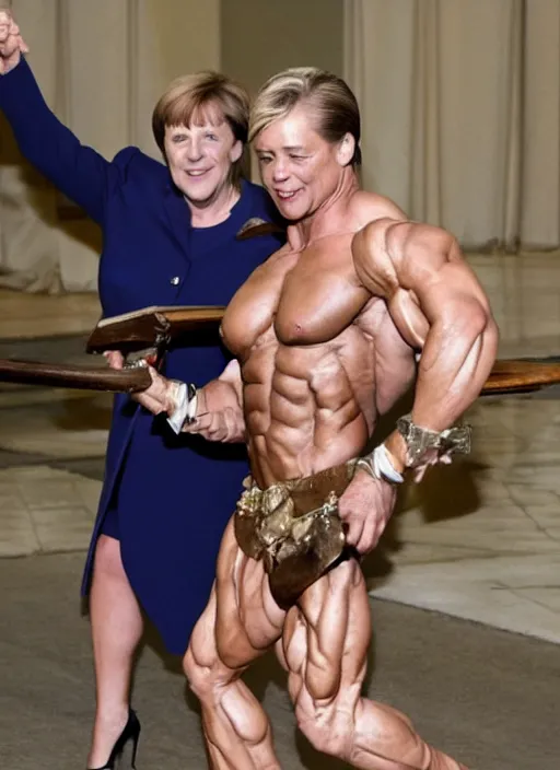 Image similar to angela merkel as a beautiful bodybuilder warrior with armature