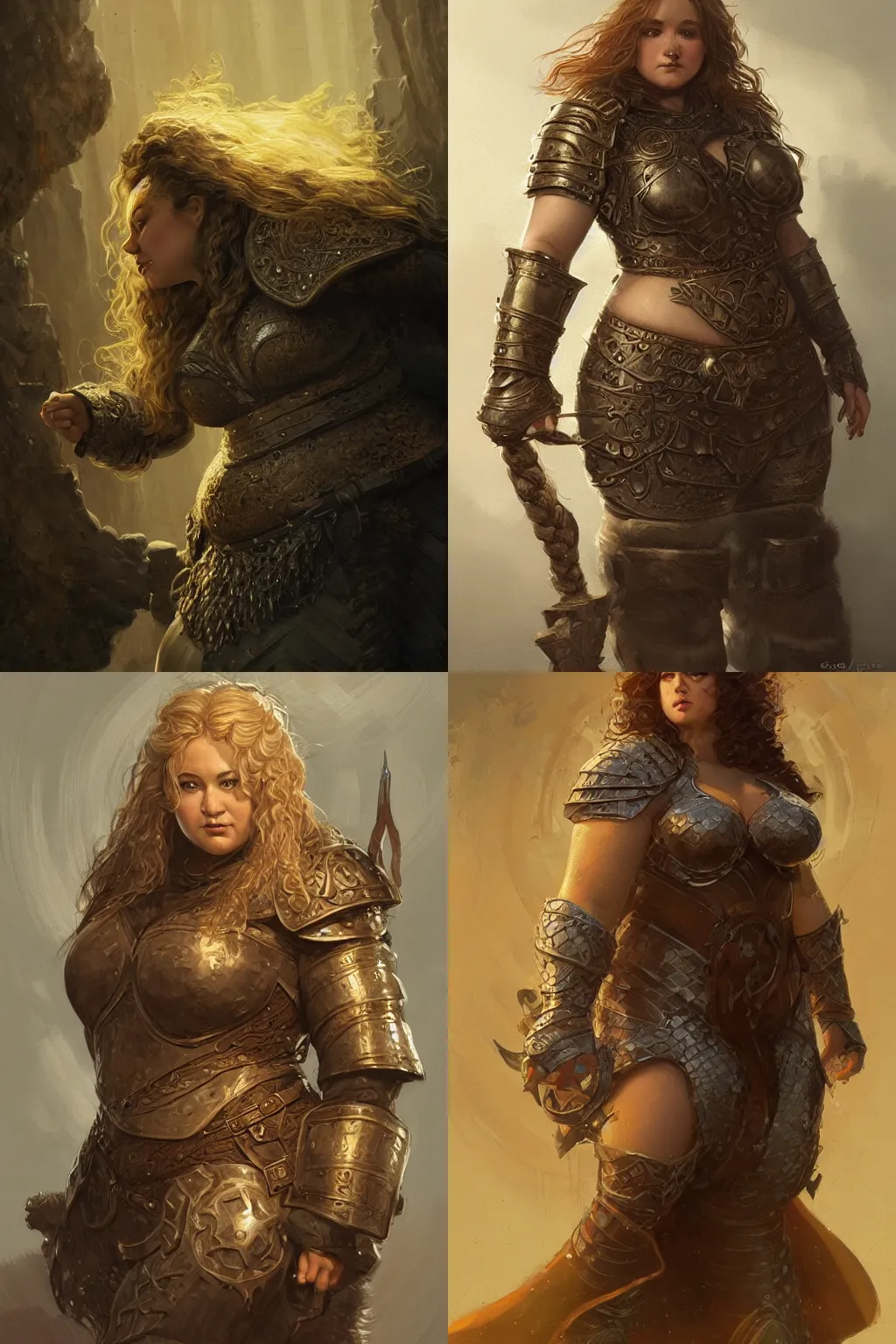 Prompt: chubby female dwarven woman wearing leather armor| neat elaborated long curly braided golden hair | big nose | beautiful plump body | intricate, highly detailed, digital painting, artstation, concept art, dungeons and dragons , art by greg rutkowski and giotto