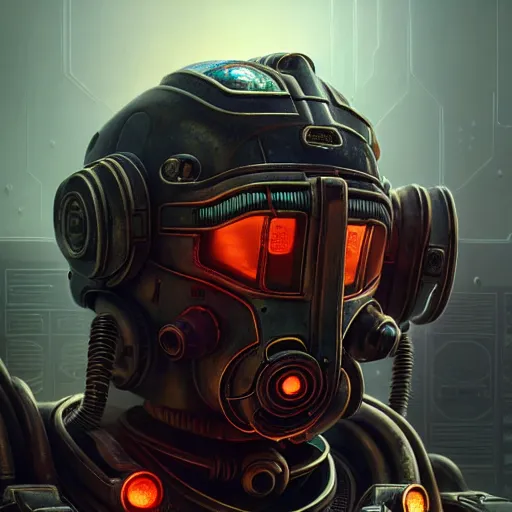 Image similar to perfectly - centered!! looking at the camera!!! low - angle!! portrait of fallout brotherhood in power armor intricate abstract upper body intricate artwork, by tooth wu, wlop, beeple, dan mumford. concept art, octane render, deviantart, greg rutkowski, cinematic arthouse, key art, hyper realism, iridescent accents