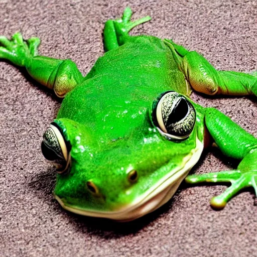 Image similar to photo of dead green frog on a floor of a shopping mall, people shocked, high details