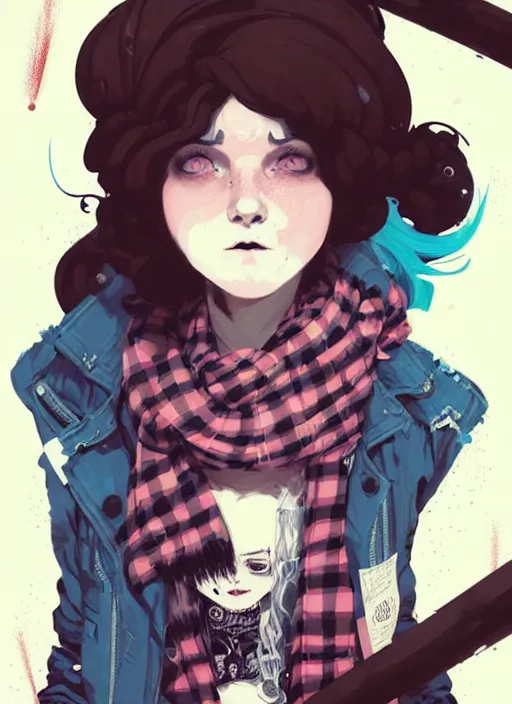 Prompt: highly detailed portrait of a sewer ( ( emo punk ) ) lady student, beanie, blue eyes, tartan scarf, curly hair by atey ghailan, by greg rutkowski, by greg tocchini, by james gilleard, by joe fenton, by kaethe butcher, gradient pink, black, brown and cream color scheme, grunge aesthetic!!! graffiti tag wall background