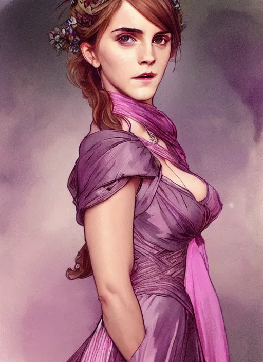 Prompt: full figure emma watson at the yule ball wearing revealing elegant pink and purple dress with flounces. beautiful detailed face. by artgerm and greg rutkowski and alphonse mucha