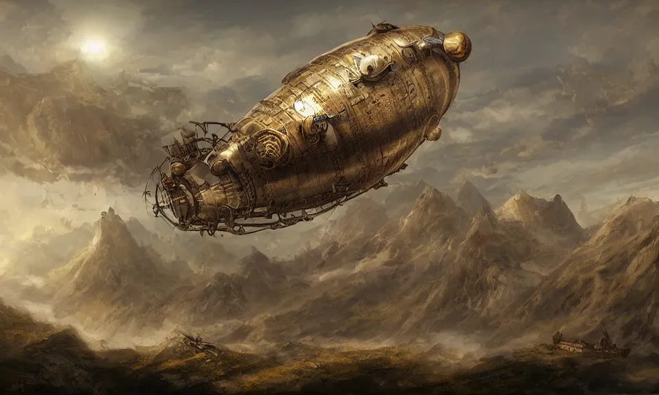 Prompt: steampunk airship over mountains, digital art, concept art, fantasy art, highly detailed, hd wallpaper, artstation, deviantart, behance