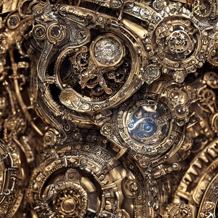 Image similar to A close up symmetric steampunk fox head with sparkling eyes made from ornate engraved full plate armor and Rolex gears and jewels and gems, macro shot by Justin Gerard, unreal engine, detailed, intricate, physically based rendering