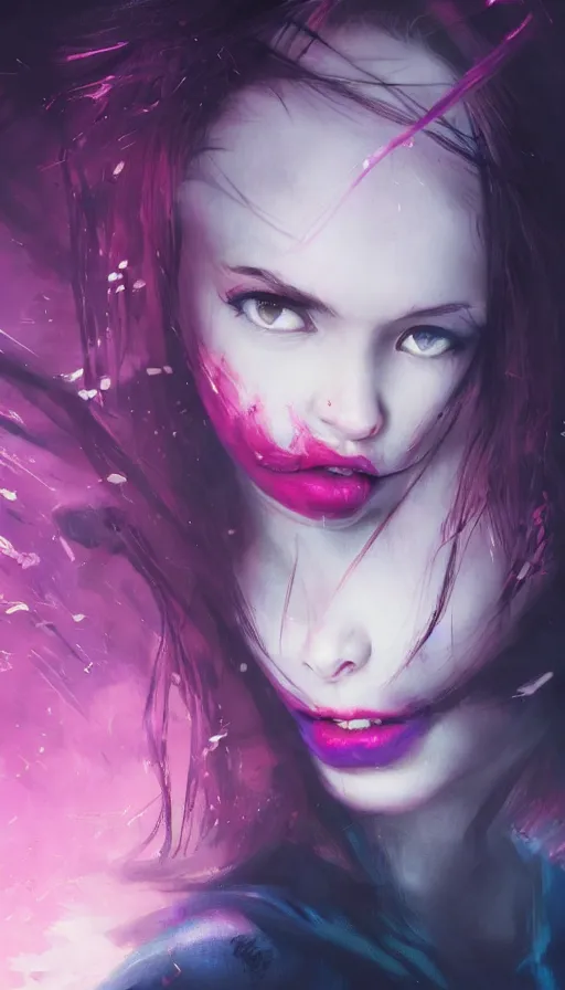 Image similar to shot of singer girl with pouty aerochrome ( ( ( lips ) ) ), powerful, adorable, expressive eyes, big evil grin, kawaii playful pose of a dancer, greg rutkowski, charlie bowater, yuumei, stephen gammell, unreal 5, daz, hyperrealistic, dark, dynamic lighting, fantasy art, beautiful face