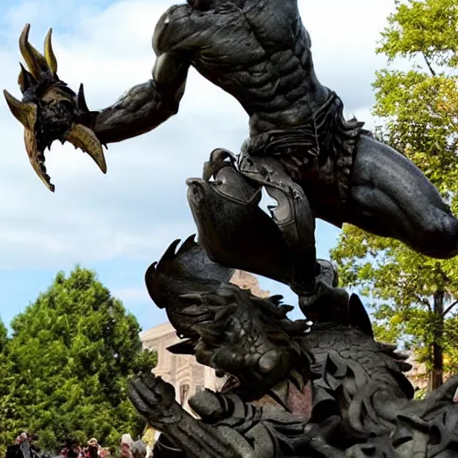 Prompt: a sculpture of a hero defeating a dragon.