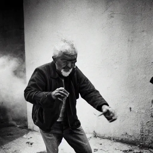 Prompt: photo of an old man throwing a molotov cocktail, by Ron Haviv, 80mm